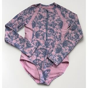 Athleta Girl Pink and Gray-Blue Print Long Sleeve Zip Swimsuit